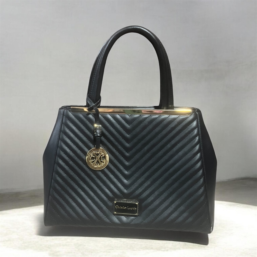 Christian Lacroix Quilted Satchel Handbag Black Gold Chevron